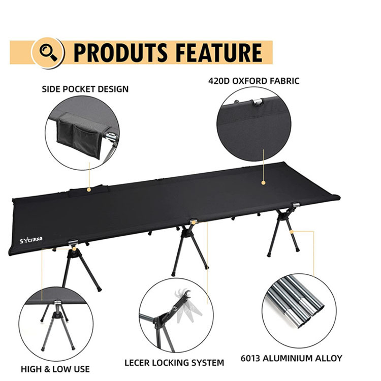 SYCHENG Ultralight Camping Cot with Leg Extenders, Aluminum Lightweight Folding Cot for Adults, Portable Backpacking Compact Tent Cot for Outdoor, Hiking, Black - copy